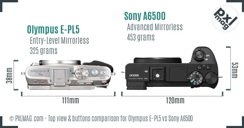 Olympus E-PL5 vs Sony A6500 top view buttons comparison