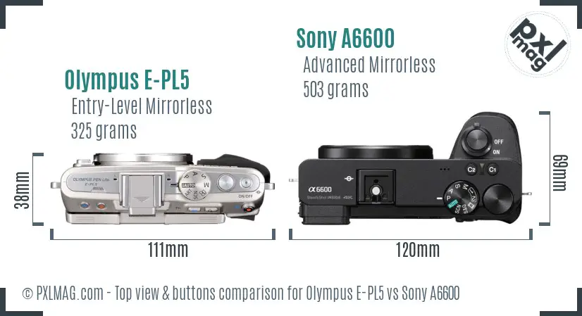 Olympus E-PL5 vs Sony A6600 top view buttons comparison