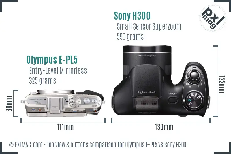 Olympus E-PL5 vs Sony H300 top view buttons comparison