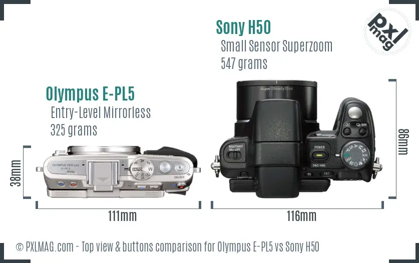 Olympus E-PL5 vs Sony H50 top view buttons comparison