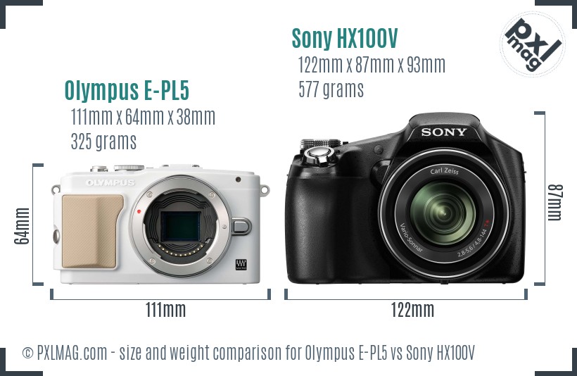 Olympus E-PL5 vs Sony HX100V size comparison