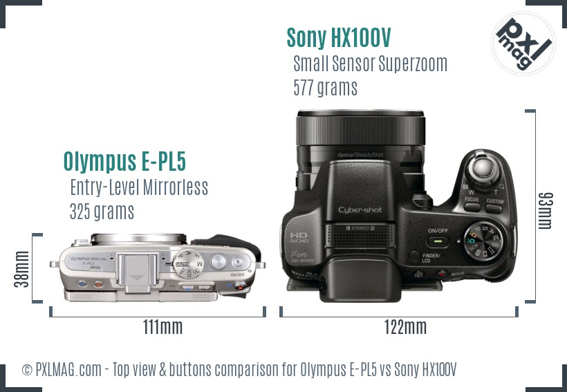 Olympus E-PL5 vs Sony HX100V top view buttons comparison