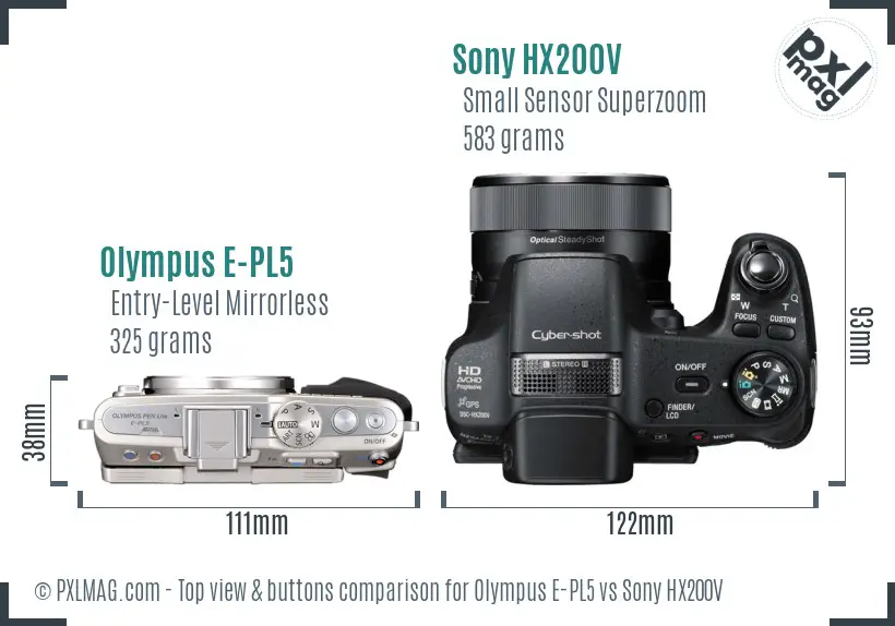 Olympus E-PL5 vs Sony HX200V top view buttons comparison
