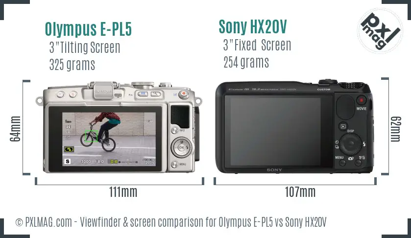 Olympus E-PL5 vs Sony HX20V Screen and Viewfinder comparison