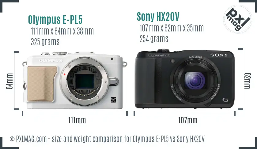 Olympus E-PL5 vs Sony HX20V size comparison