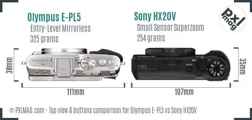 Olympus E-PL5 vs Sony HX20V top view buttons comparison