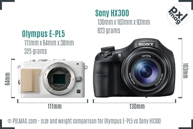 Olympus E-PL5 vs Sony HX300 size comparison