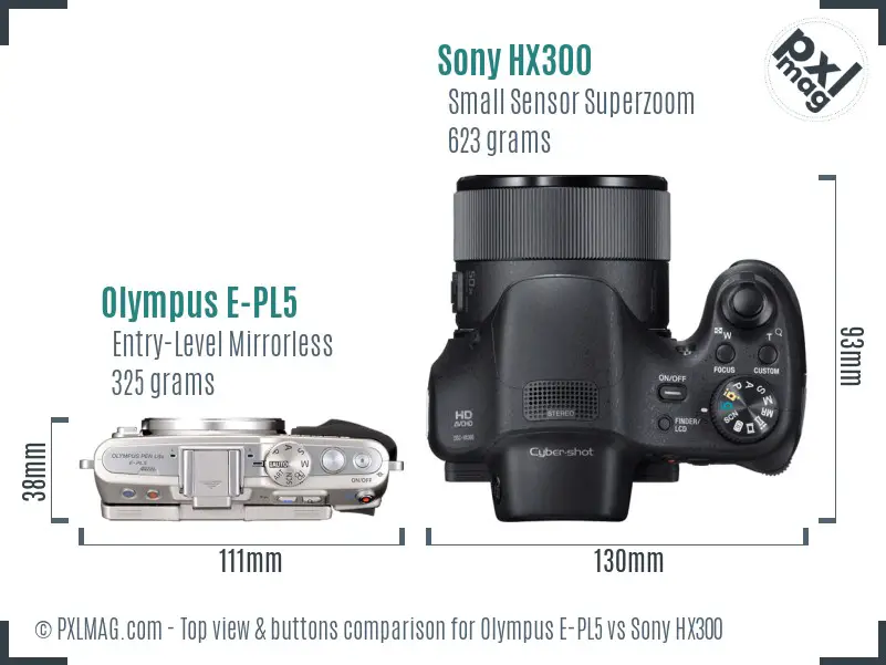 Olympus E-PL5 vs Sony HX300 top view buttons comparison