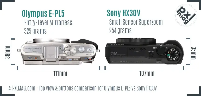 Olympus E-PL5 vs Sony HX30V top view buttons comparison