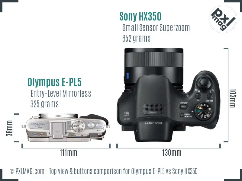 Olympus E-PL5 vs Sony HX350 top view buttons comparison