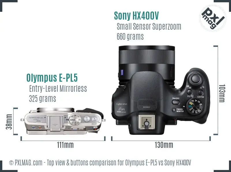 Olympus E-PL5 vs Sony HX400V top view buttons comparison