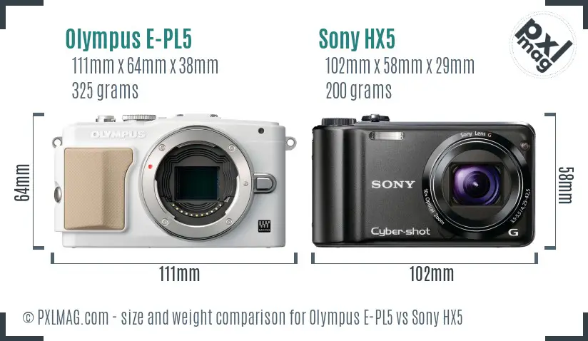 Olympus E-PL5 vs Sony HX5 size comparison