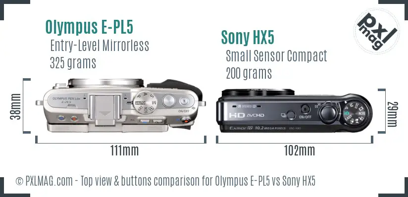 Olympus E-PL5 vs Sony HX5 top view buttons comparison