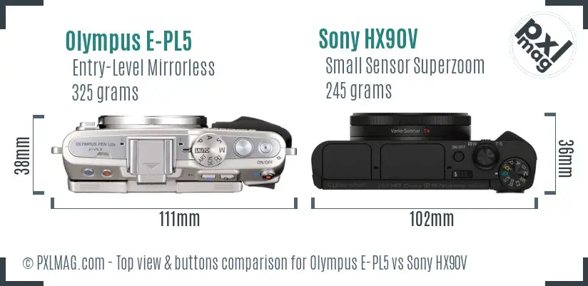 Olympus E-PL5 vs Sony HX90V top view buttons comparison