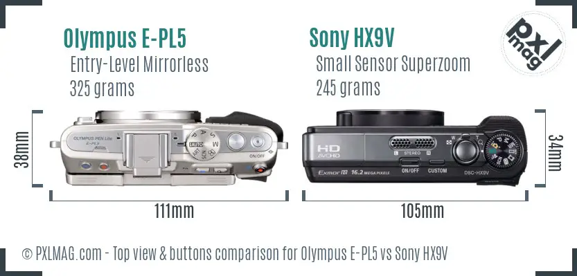 Olympus E-PL5 vs Sony HX9V top view buttons comparison