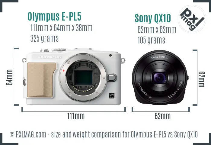 Olympus E-PL5 vs Sony QX10 size comparison