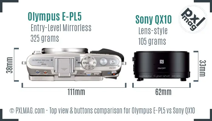 Olympus E-PL5 vs Sony QX10 top view buttons comparison