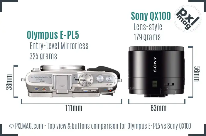 Olympus E-PL5 vs Sony QX100 top view buttons comparison