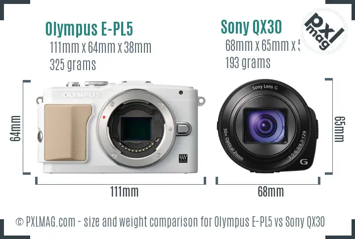 Olympus E-PL5 vs Sony QX30 size comparison Olympus E-PL5 vs Sony QX30 size comparison