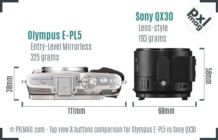 Olympus E-PL5 vs Sony QX30 top view buttons comparison Olympus E-PL5 vs Sony QX30 top view buttons comparison
