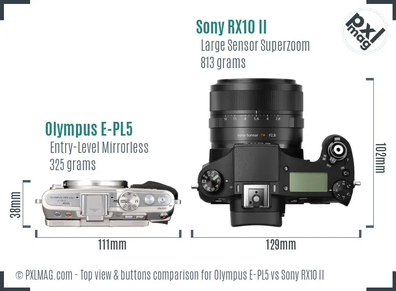 Olympus E-PL5 vs Sony RX10 II top view buttons comparison