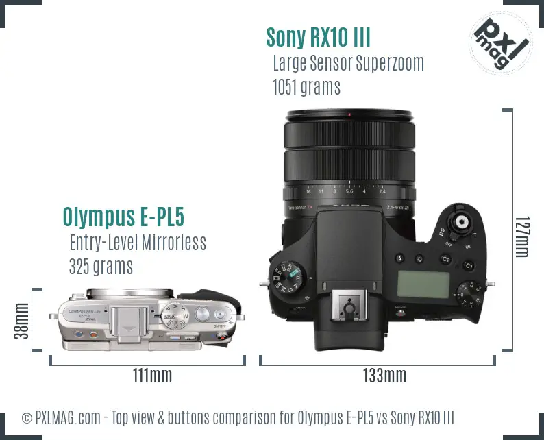 Olympus E-PL5 vs Sony RX10 III top view buttons comparison
