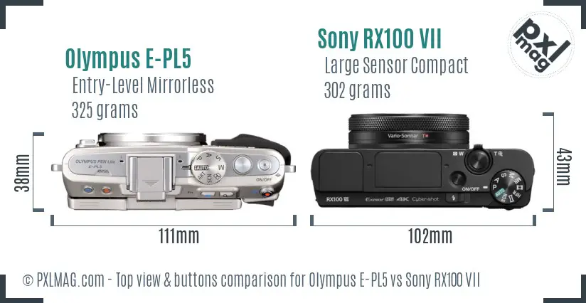 Olympus E-PL5 vs Sony RX100 VII top view buttons comparison Olympus E-PL5 vs Sony RX100 VII top view buttons comparison