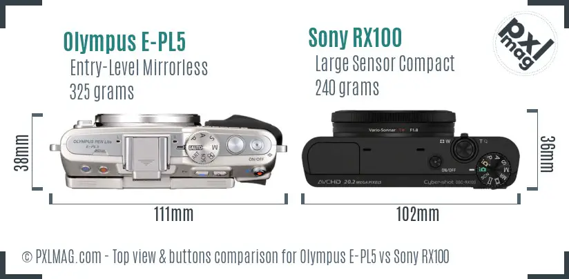 Olympus E-PL5 vs Sony RX100 top view buttons comparison