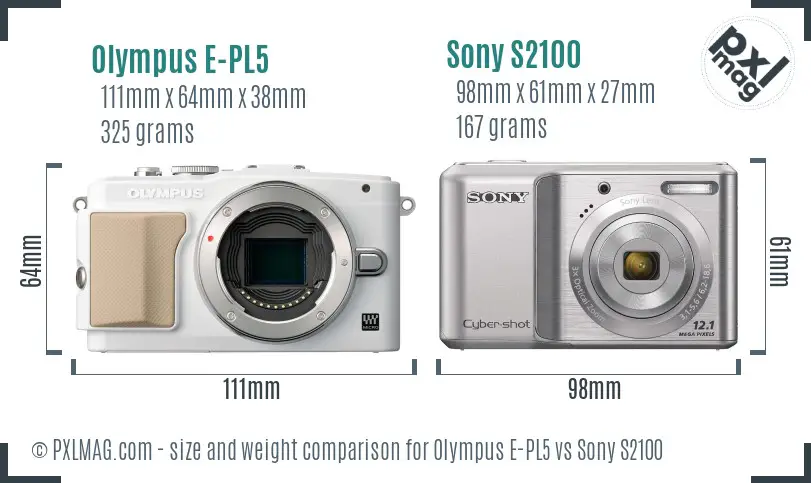 Olympus E-PL5 vs Sony S2100 size comparison Olympus E-PL5 vs Sony S2100 size comparison