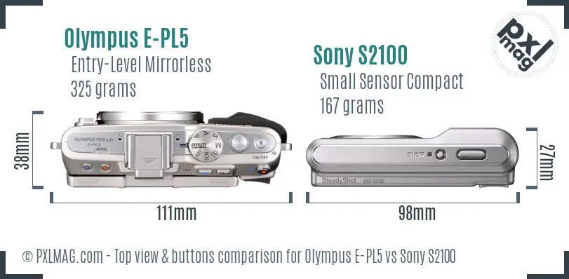 Olympus E-PL5 vs Sony S2100 top view buttons comparison Olympus E-PL5 vs Sony S2100 top view buttons comparison