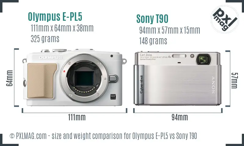 Olympus E-PL5 vs Sony T90 size comparison