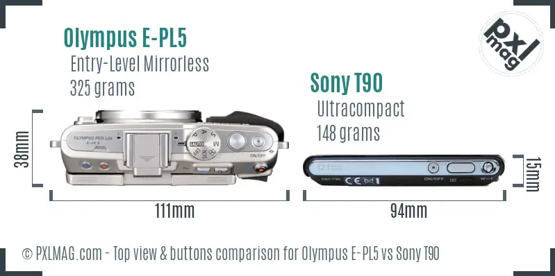 Olympus E-PL5 vs Sony T90 top view buttons comparison