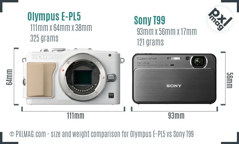 Olympus E-PL5 vs Sony T99 size comparison