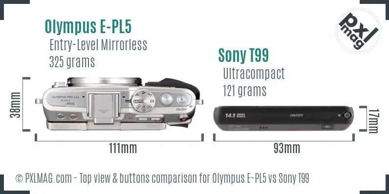 Olympus E-PL5 vs Sony T99 top view buttons comparison