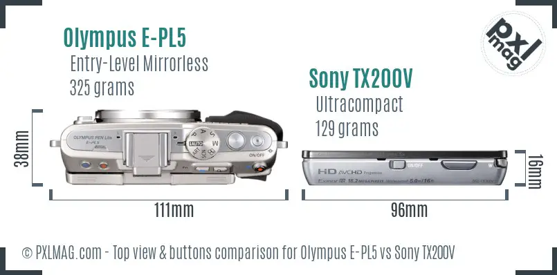 Olympus E-PL5 vs Sony TX200V top view buttons comparison Olympus E-PL5 vs Sony TX200V top view buttons comparison