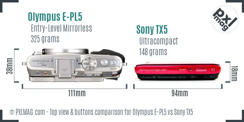 Olympus E-PL5 vs Sony TX5 top view buttons comparison