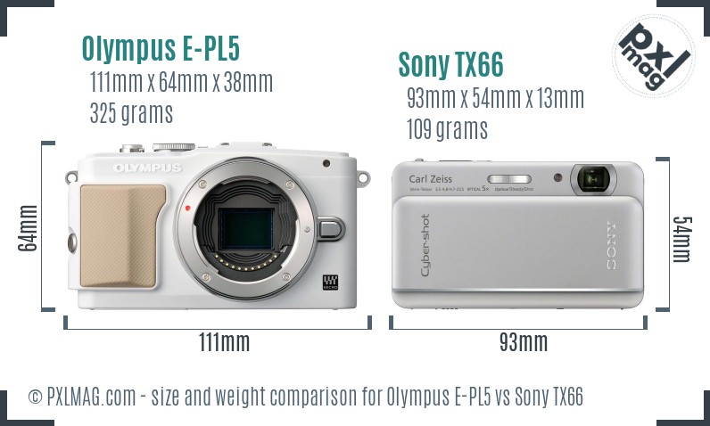 Olympus E-PL5 vs Sony TX66 size comparison