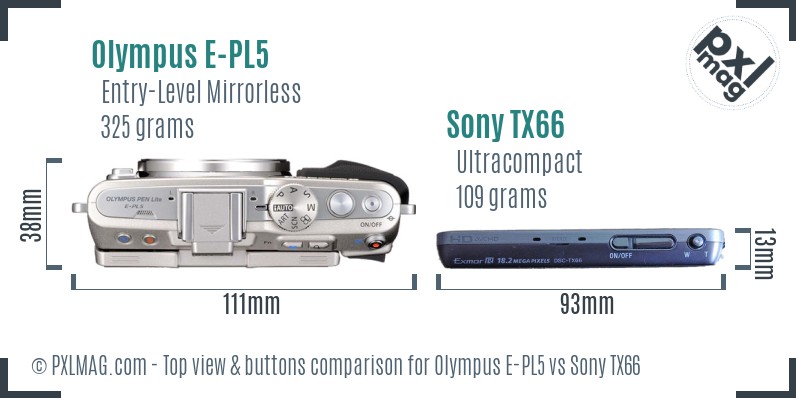 Olympus E-PL5 vs Sony TX66 top view buttons comparison