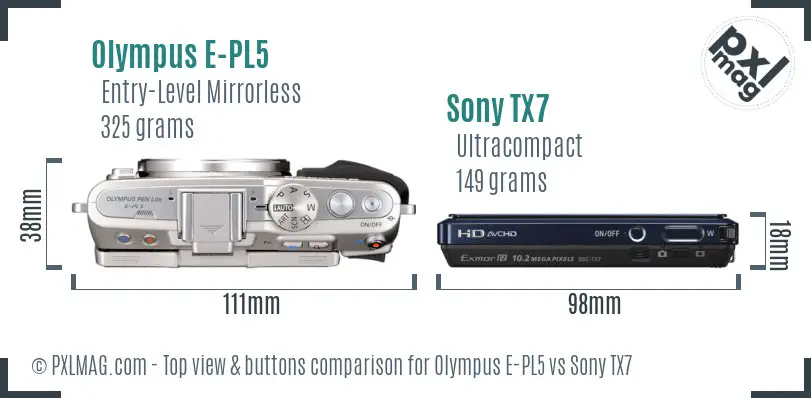 Olympus E-PL5 vs Sony TX7 top view buttons comparison Olympus E-PL5 vs Sony TX7 top view buttons comparison