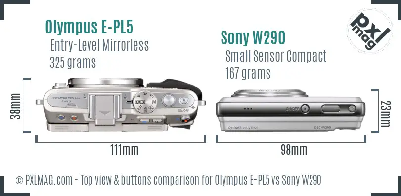 Olympus E-PL5 vs Sony W290 top view buttons comparison Olympus E-PL5 vs Sony W290 top view buttons comparison