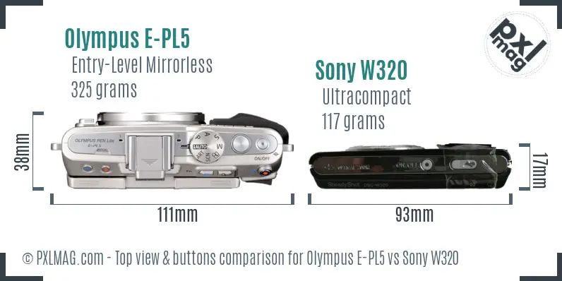 Olympus E-PL5 vs Sony W320 top view buttons comparison