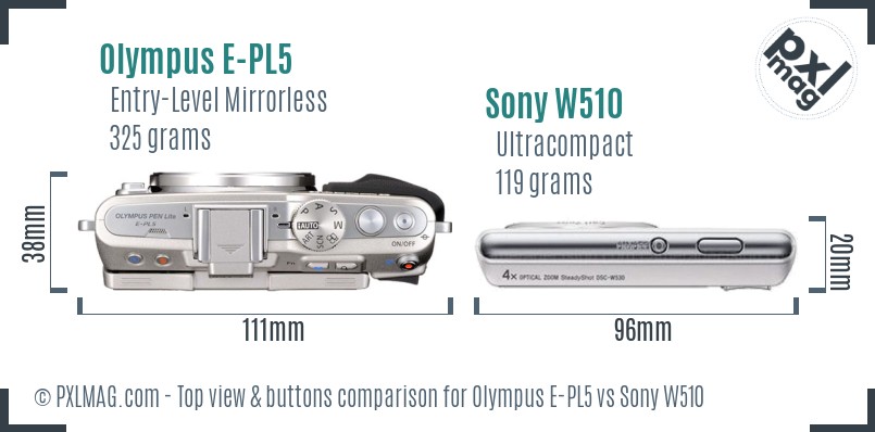 Olympus E-PL5 vs Sony W510 top view buttons comparison
