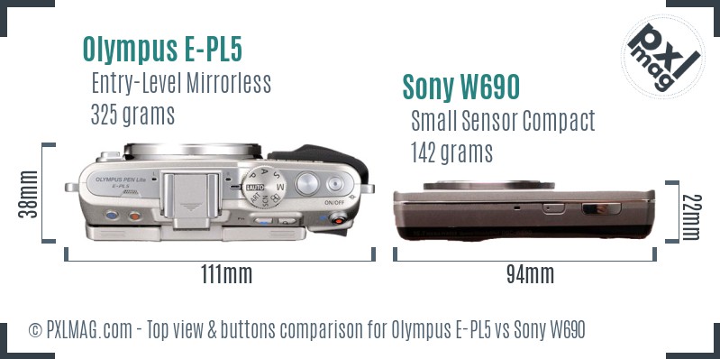 Olympus E-PL5 vs Sony W690 top view buttons comparison