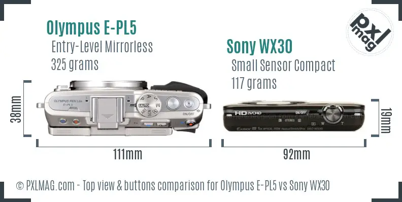 Olympus E-PL5 vs Sony WX30 top view buttons comparison