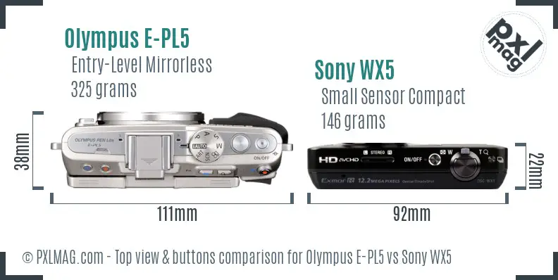 Olympus E-PL5 vs Sony WX5 top view buttons comparison