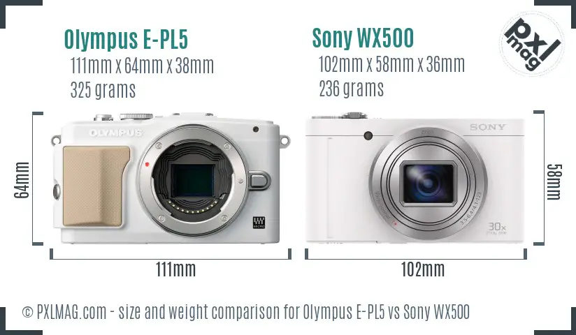 Olympus E-PL5 vs Sony WX500 size comparison Olympus E-PL5 vs Sony WX500 size comparison