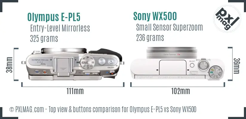 Olympus E-PL5 vs Sony WX500 top view buttons comparison Olympus E-PL5 vs Sony WX500 top view buttons comparison