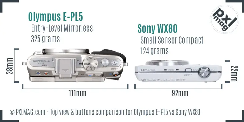Olympus E-PL5 vs Sony WX80 top view buttons comparison Olympus E-PL5 vs Sony WX80 top view buttons comparison