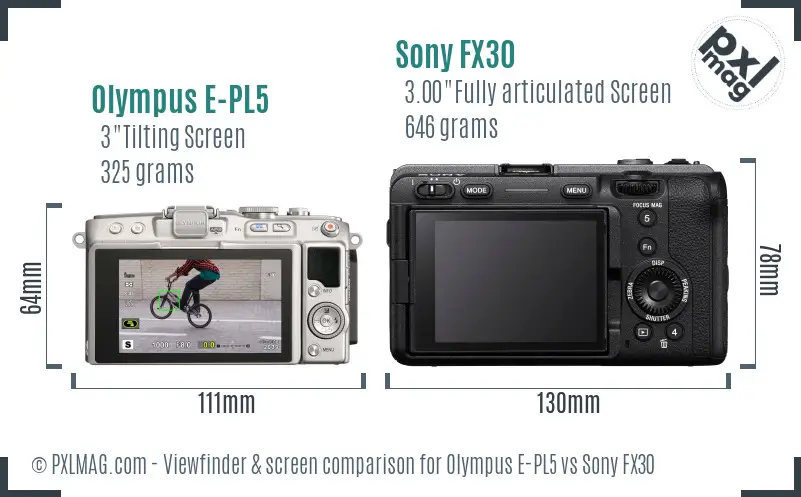 Olympus E-PL5 vs Sony FX30 Screen and Viewfinder comparison
