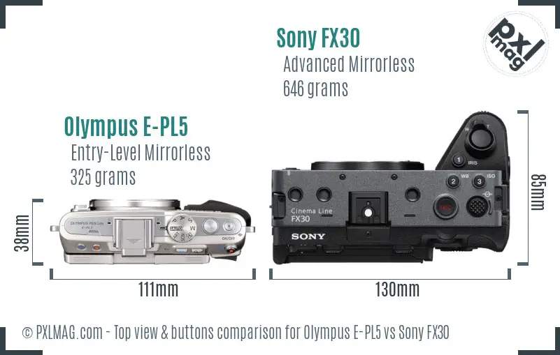 Olympus E-PL5 vs Sony FX30 top view buttons comparison